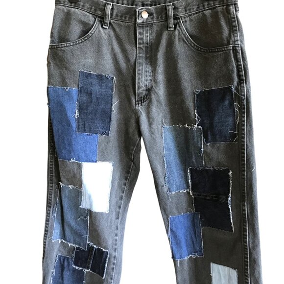Upcycled Patchwork Long Jean Shorts: Denim Patched Hippie Pants, Waist Size 35 - Picture 9 of 9